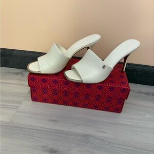 White Leather High Heel Slide Sandals - Women's